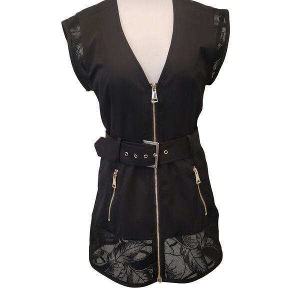 Bebe Top Vest XS Black Sleeveless Belted Zip Up Mesh Hem Pockets Grunge Goth Y2K - Picture 1 of 8